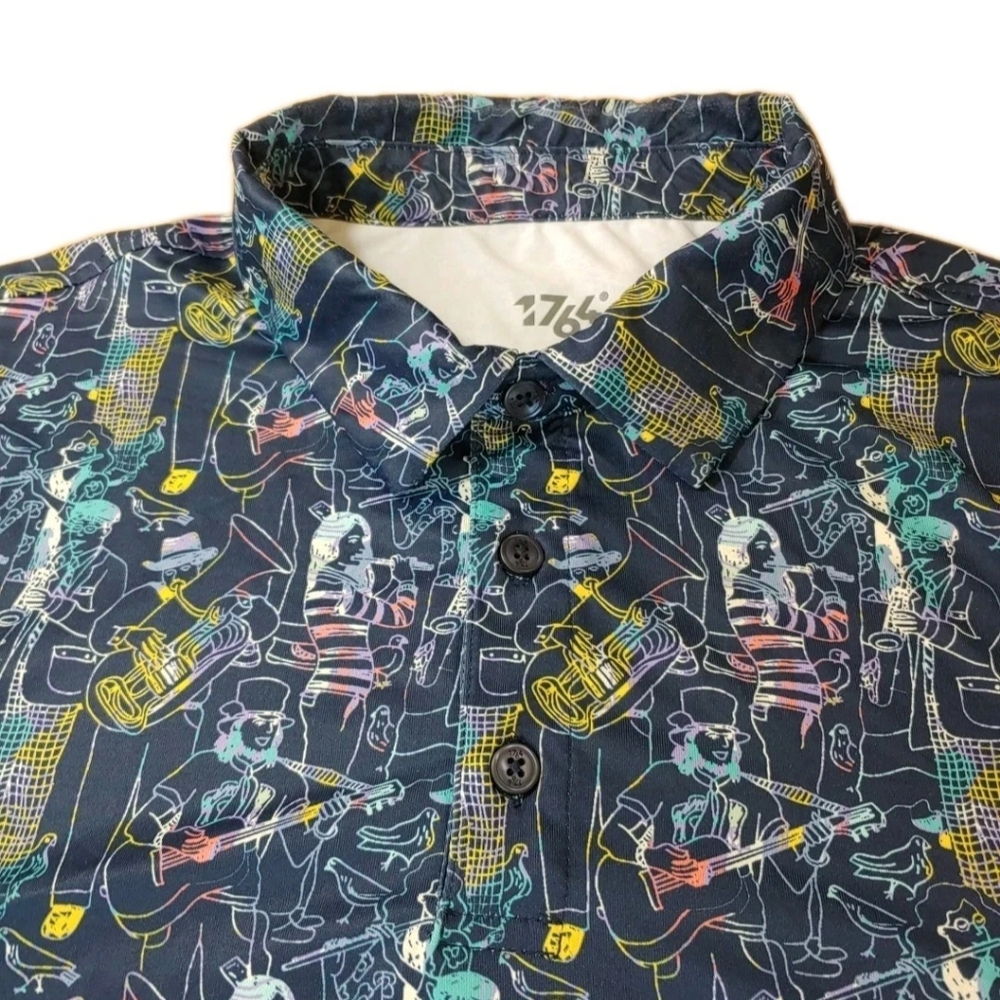 1764 Jazz Festival Polo Shirt Men Sz Large Blue AOP Golf Pickleball Athleisure